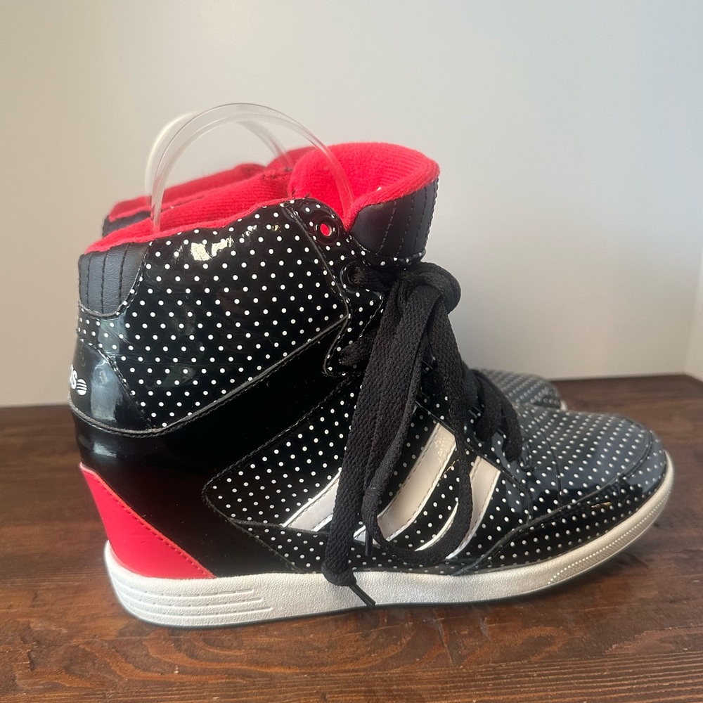 adidas Black White Polka Dot High-Top Sneakers with Pink Trim - Picture 4 of 9
